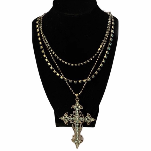 Jewelry - Multi Chain Silver & Rhinestone Cross Necklace